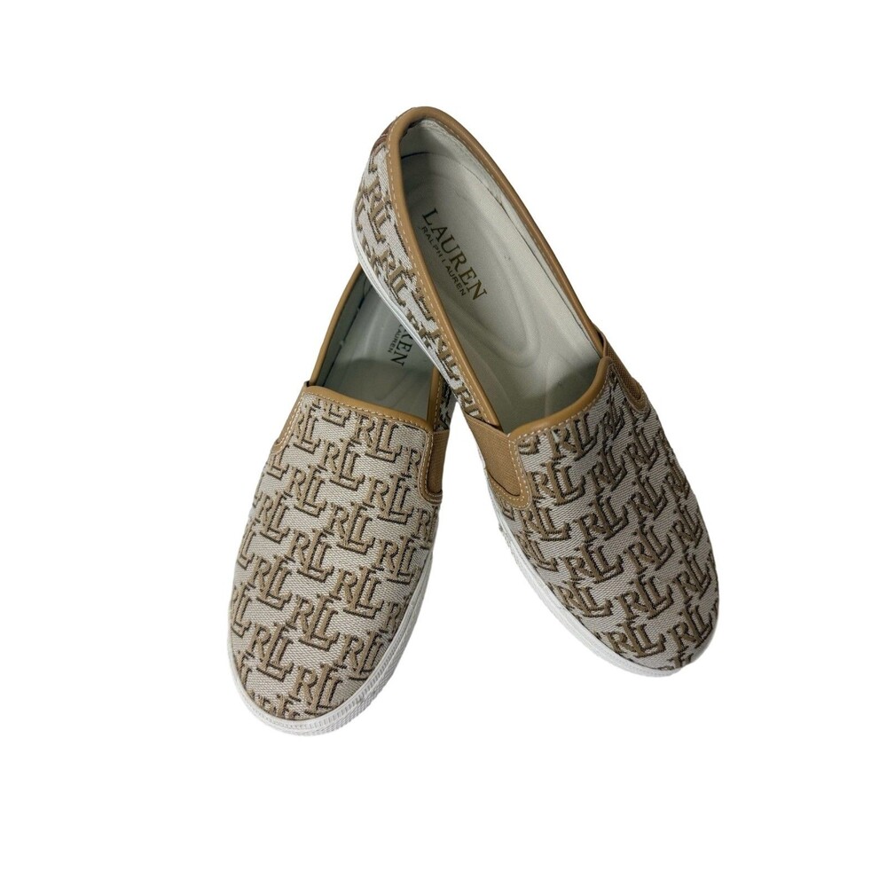 Lauren Ralph Lauren Jinny Slip On Sneakers Tan Logo Monogram Women's sz 8